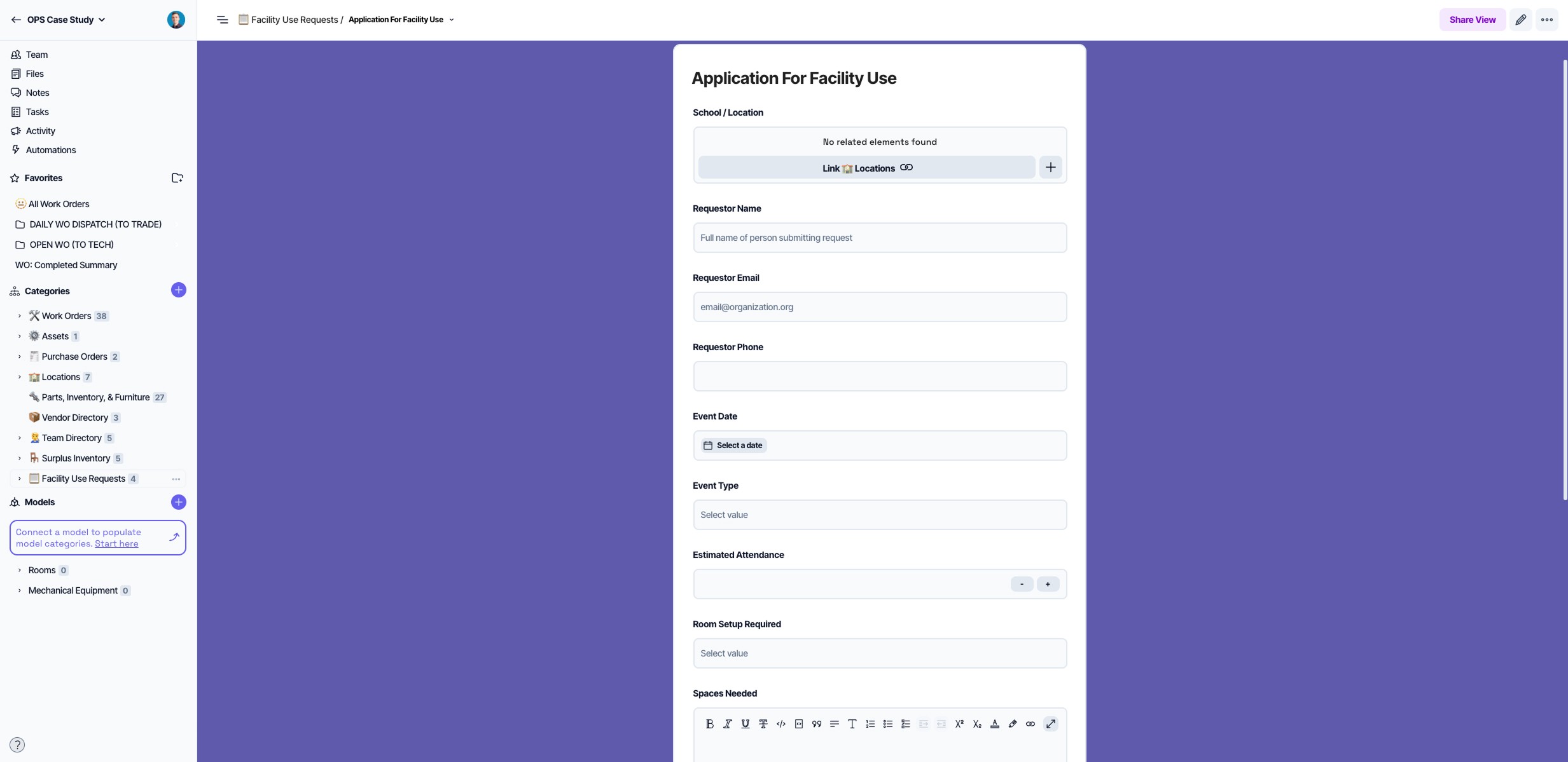 Application for Facility Use form: Just like with any other form type, this can be shared out to others and filled in using both Mobile and Desktop devices.