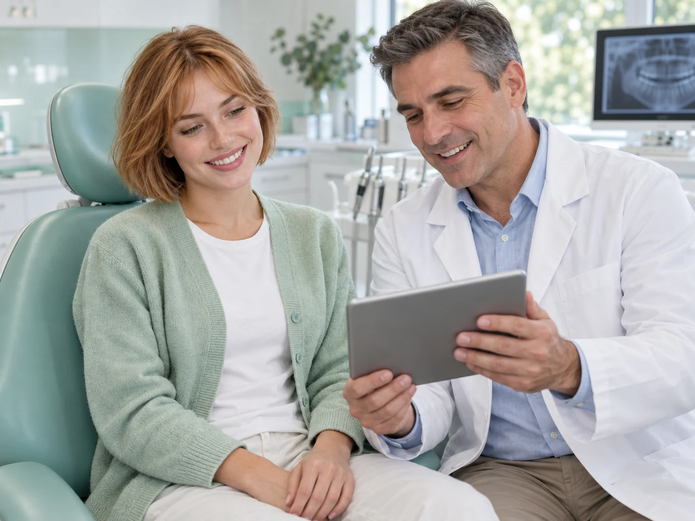 Dentist showing a smiling patient her treatment plan on a tablet