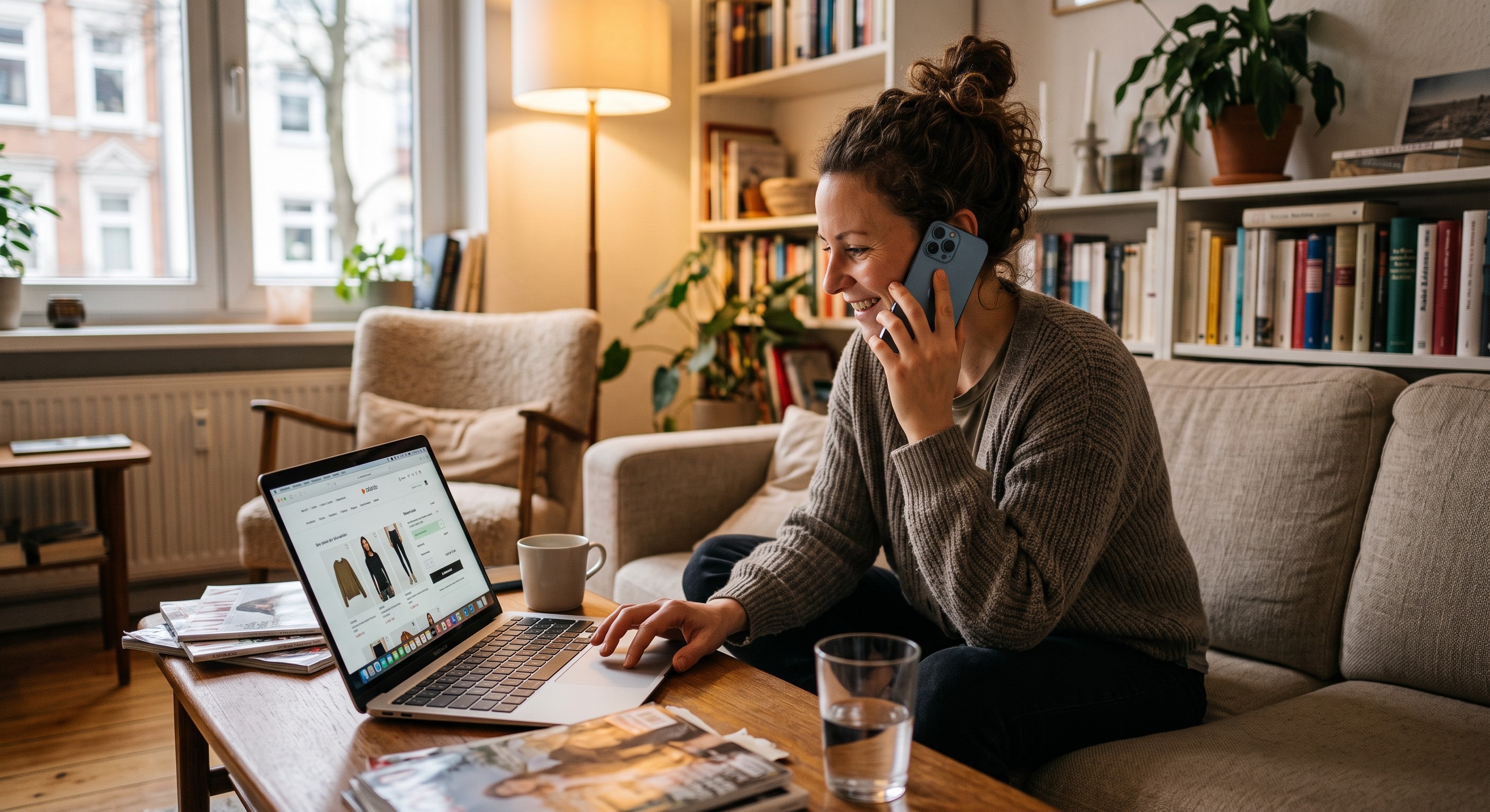 Eine Frau sitzt lächelnd auf dem Sofa im Wohnzimmer, telefoniert mit dem Smartphone am Ohr und shoppt gleichzeitig online auf ihrem Laptop.