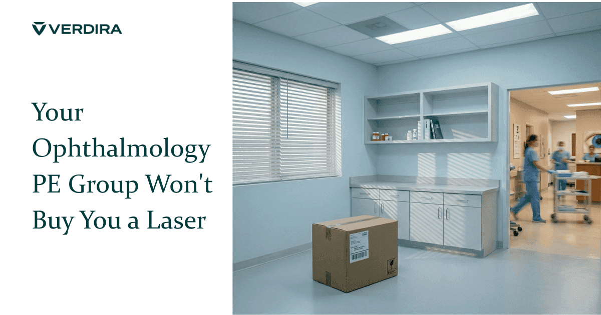 Empty ophthalmology equipment room with bare shelves and unopened box on floor while busy clinic hallway is visible through open doorway