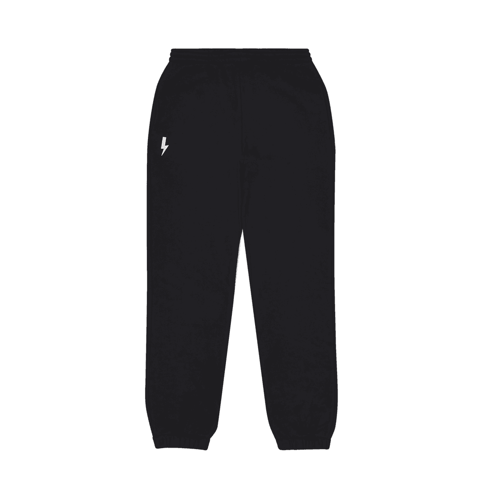 Classic-black-drawstring-joggers-with-a-white-lighting-bolt-sign-detail-near-the-left-pecket-They-have-cuffed-ankles-and-a-comfortable-eastic-waistband-perfect-for-casual-wear