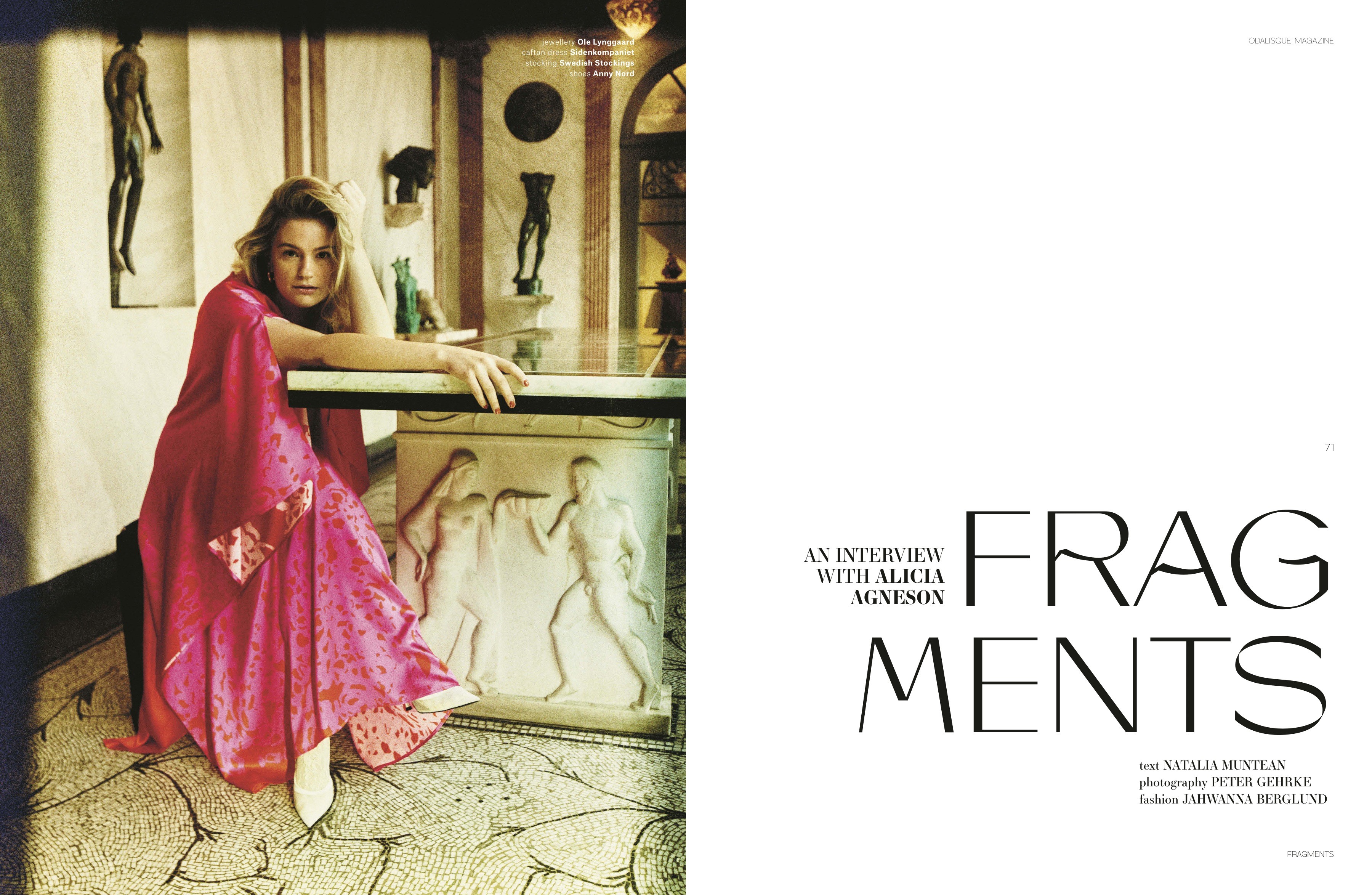 Alicia Agneson in a pink dress opposite an airy title page with oversized fine lettering.