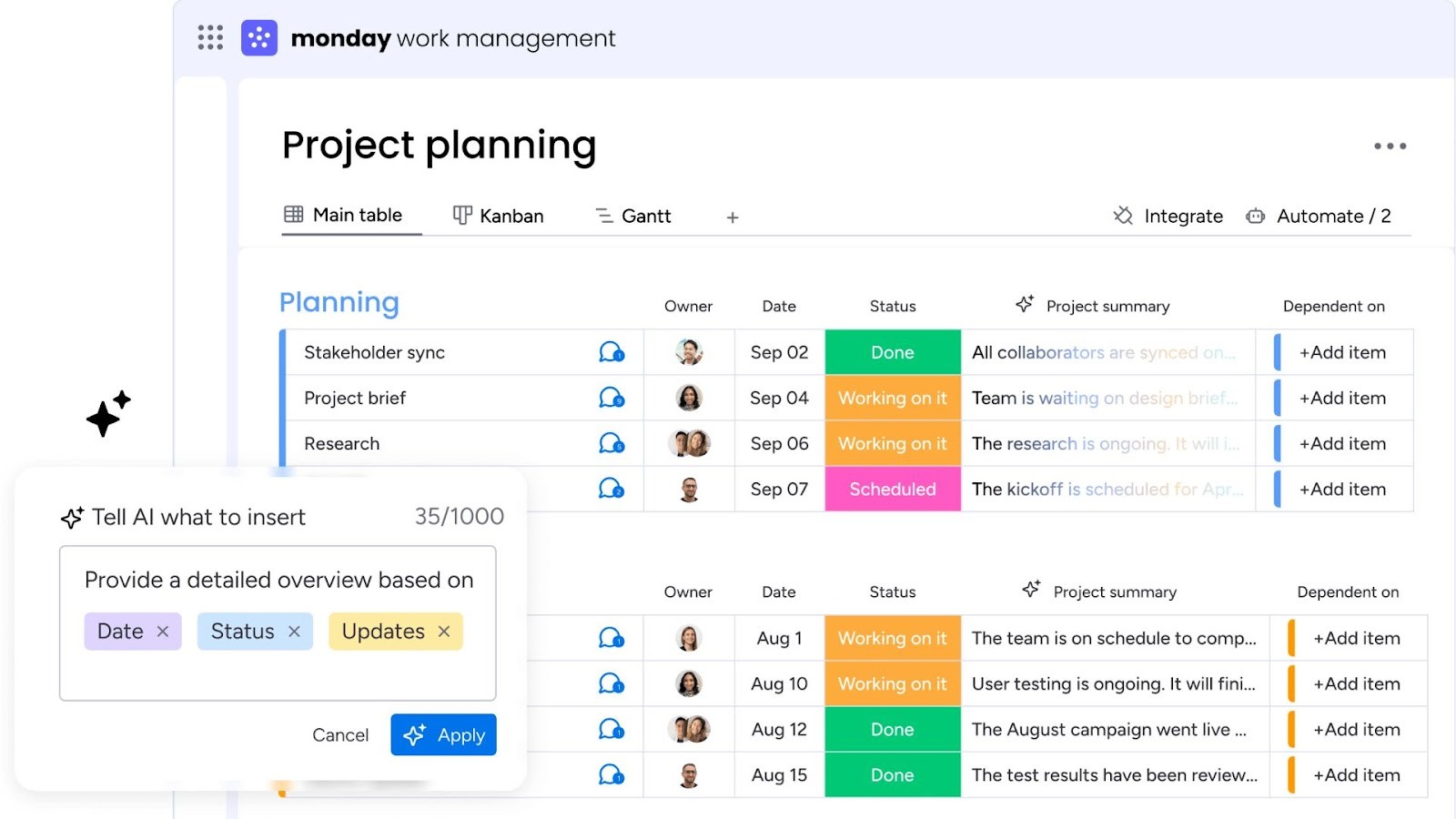 monday.com's project planning table
