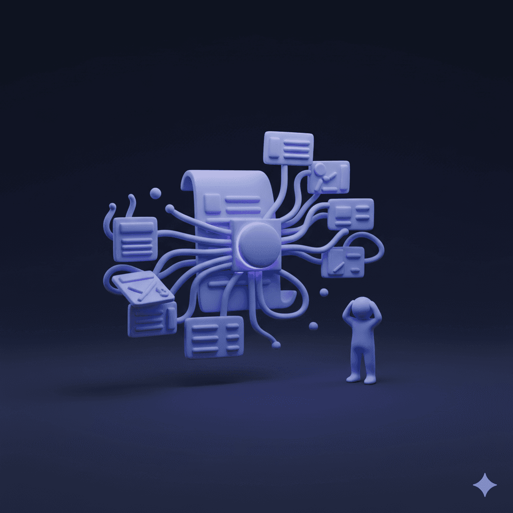 A project blueprint spilling extra pages outward beside an overwhelmed figure, illustrating unpriced scope creep in a freelance contract