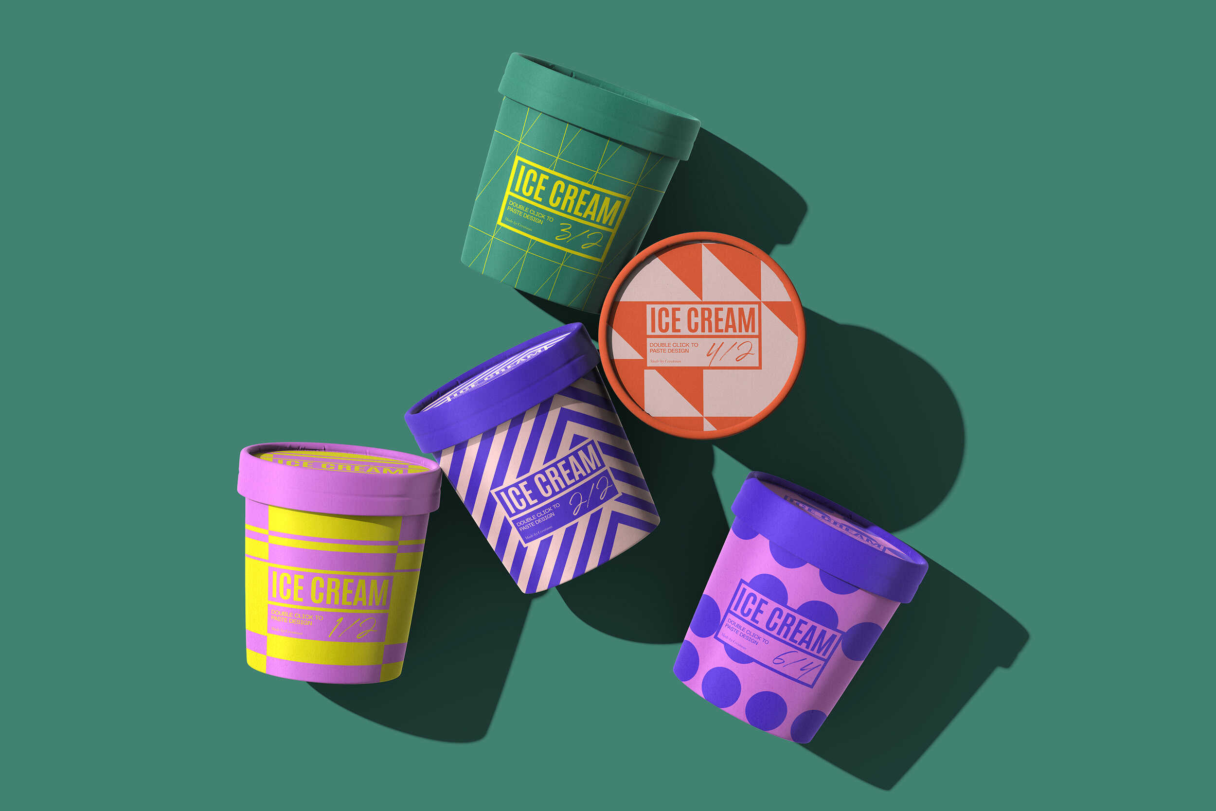 Stack of colorful ice cream tubs on green background with bold geometric packaging