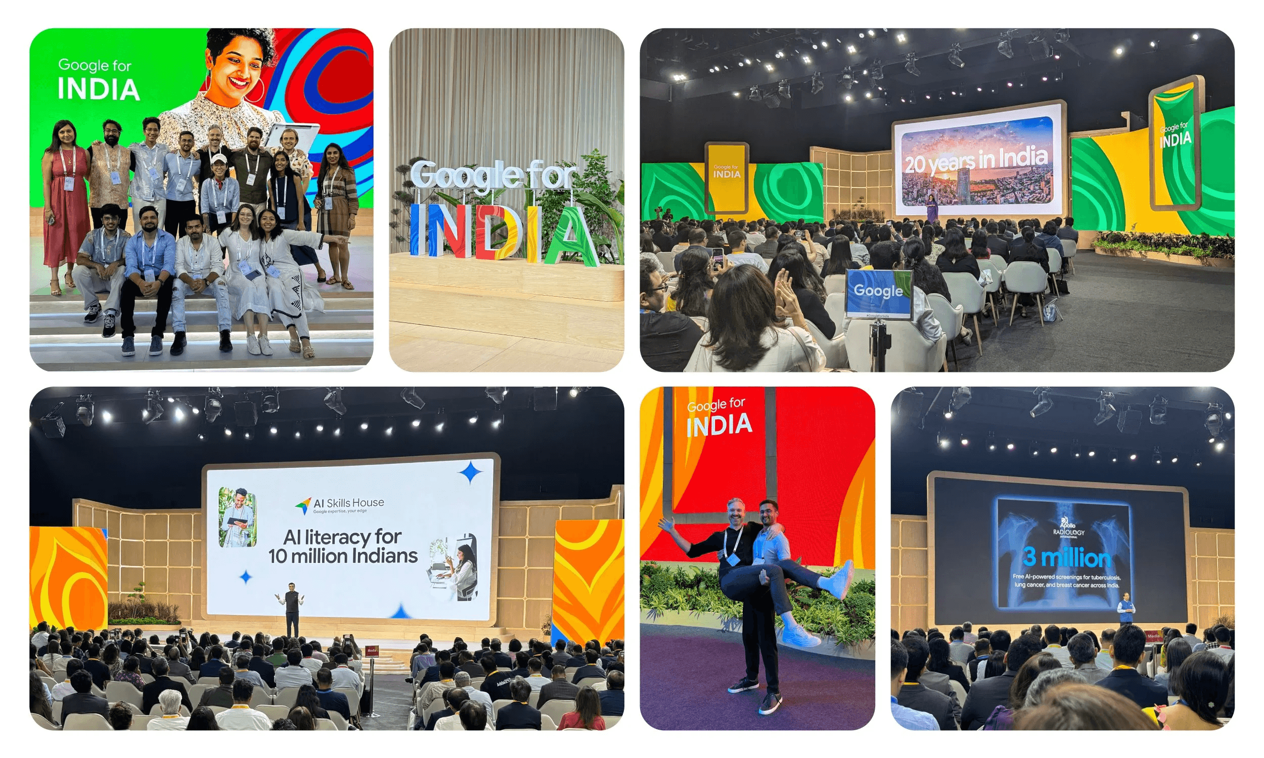 Wide shot of the Google India keynote stage with the redesigned presentation displayed in front of a packed live audience