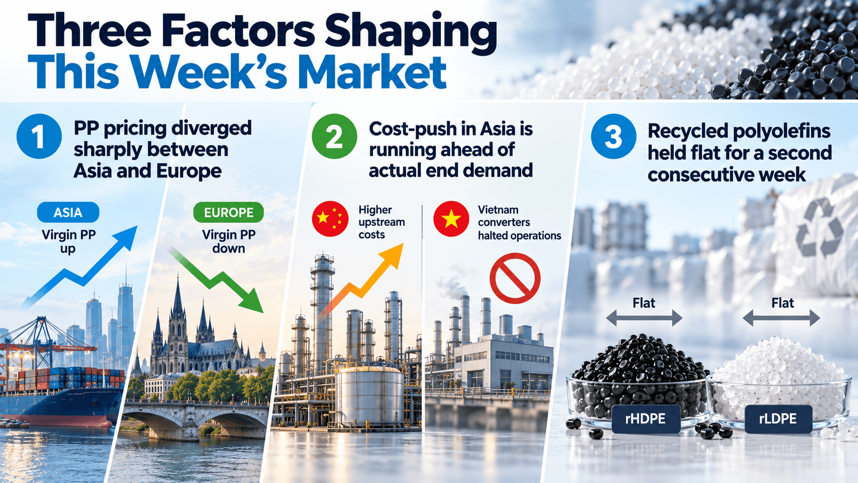 Three factors shaping the recycled plastics market in week 3 of September 2026 - Asia and Europe virgin PP divergence, Asian cost-push, flat rHDPE and rLDPE