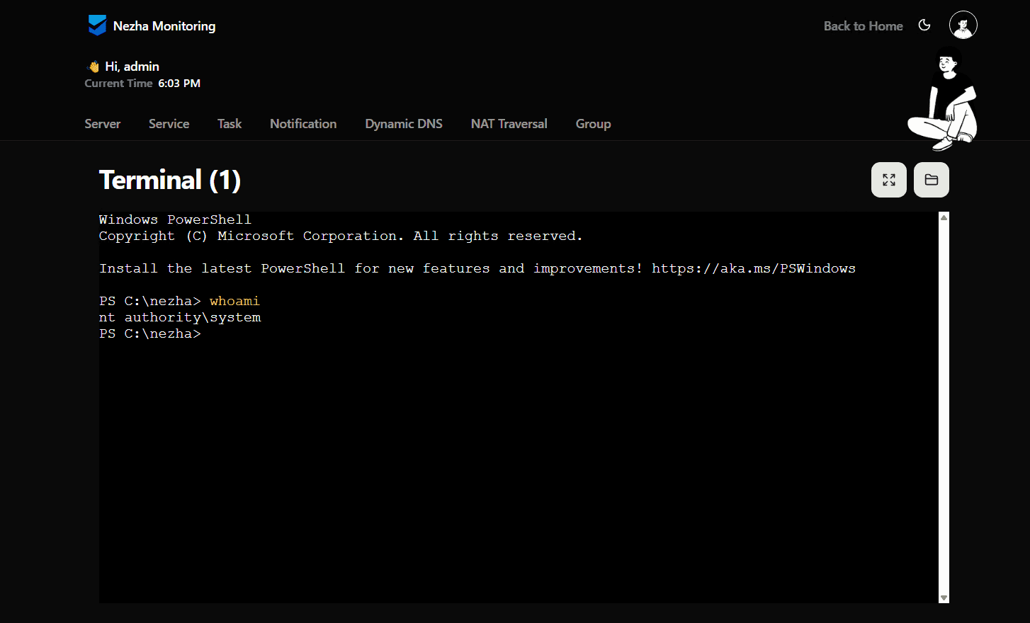 Nezha-Webterminal auf einem Windows-Testsystem: In einer PowerShell-Sitzung unter C:\nezha gibt der Befehl whoami „nt authority\system“ zurück.