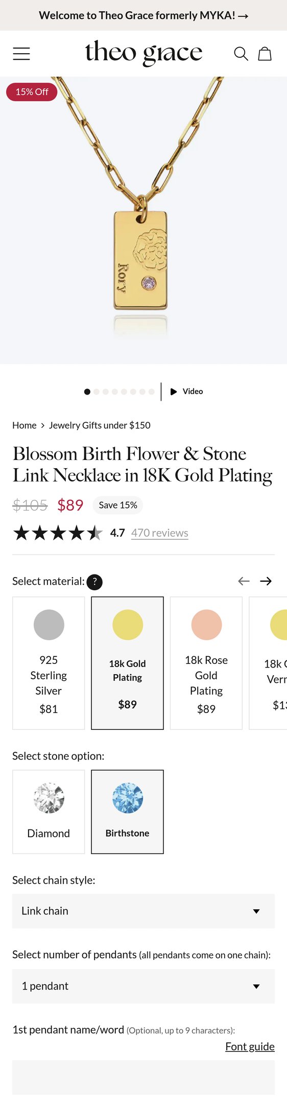 Jewelry product options include: necklace for Blossom Birth Flower & Stone Link Necklace in 18K Gold Plating from Theo Grace.