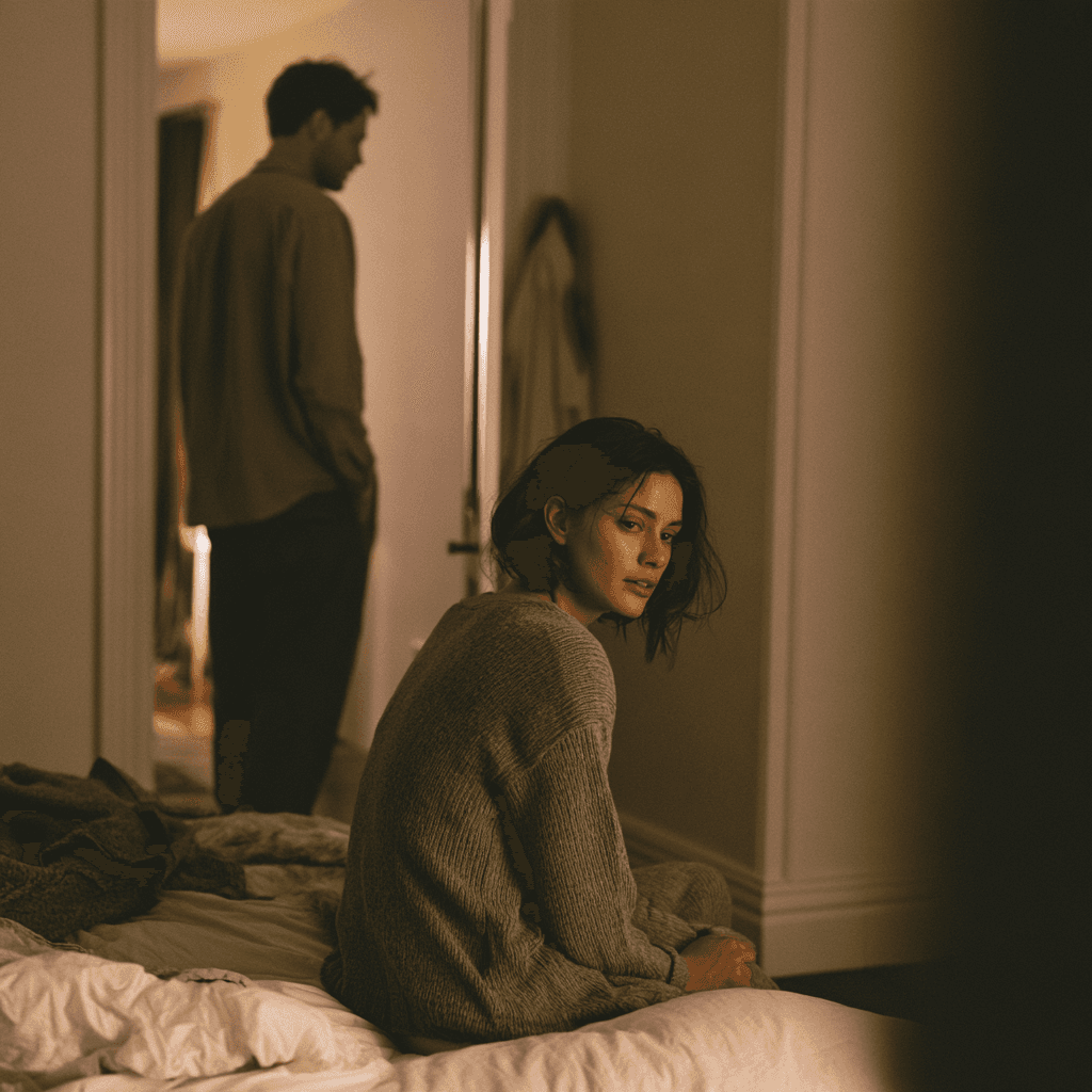 A woman answering only briefly while her partner stands in the doorway of the room