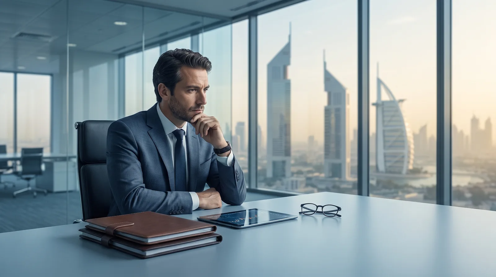 French founder reviewing UAE residency visa paperwork at a bright Dubai office