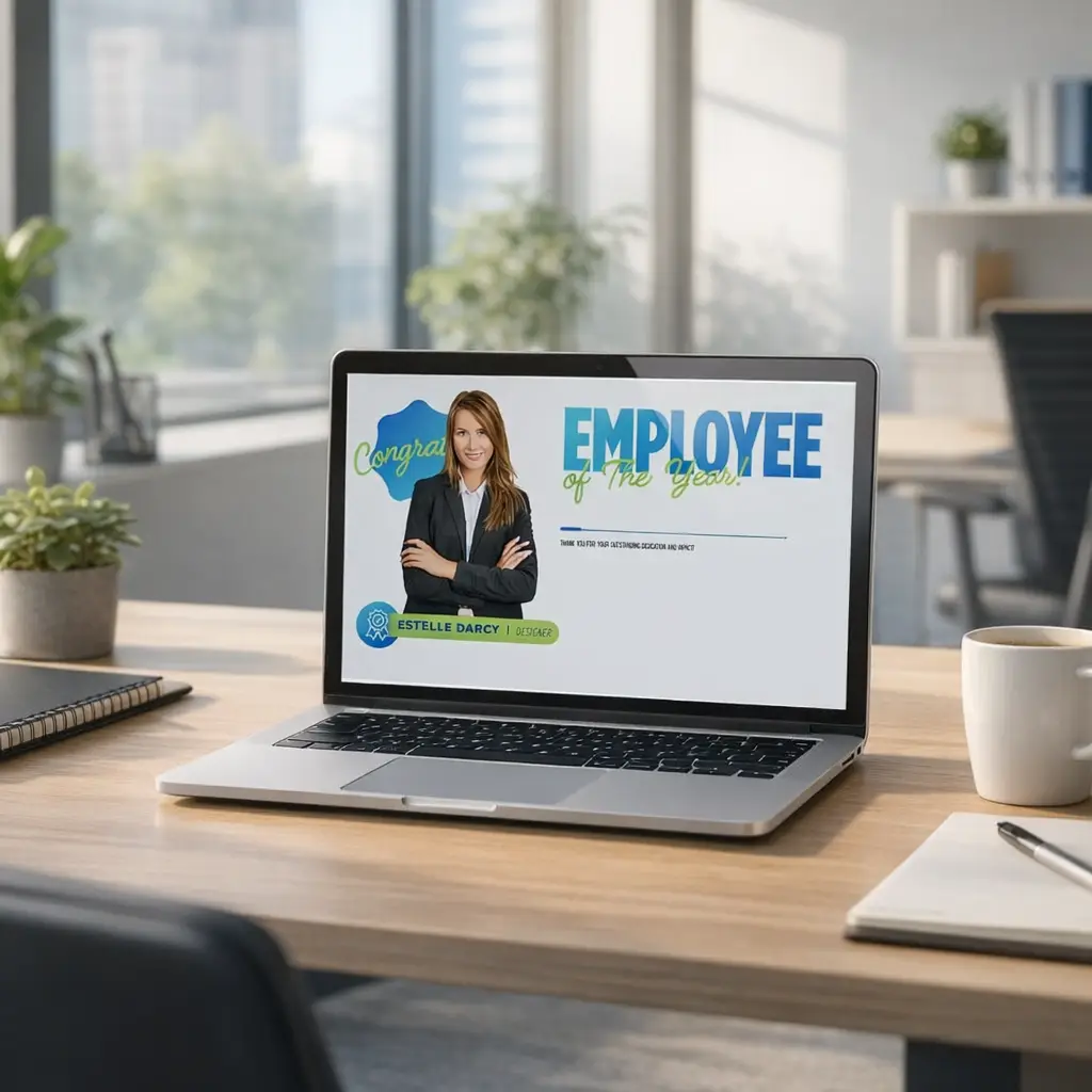 Laptop showing employee of the month internal digital signage content as screensaver