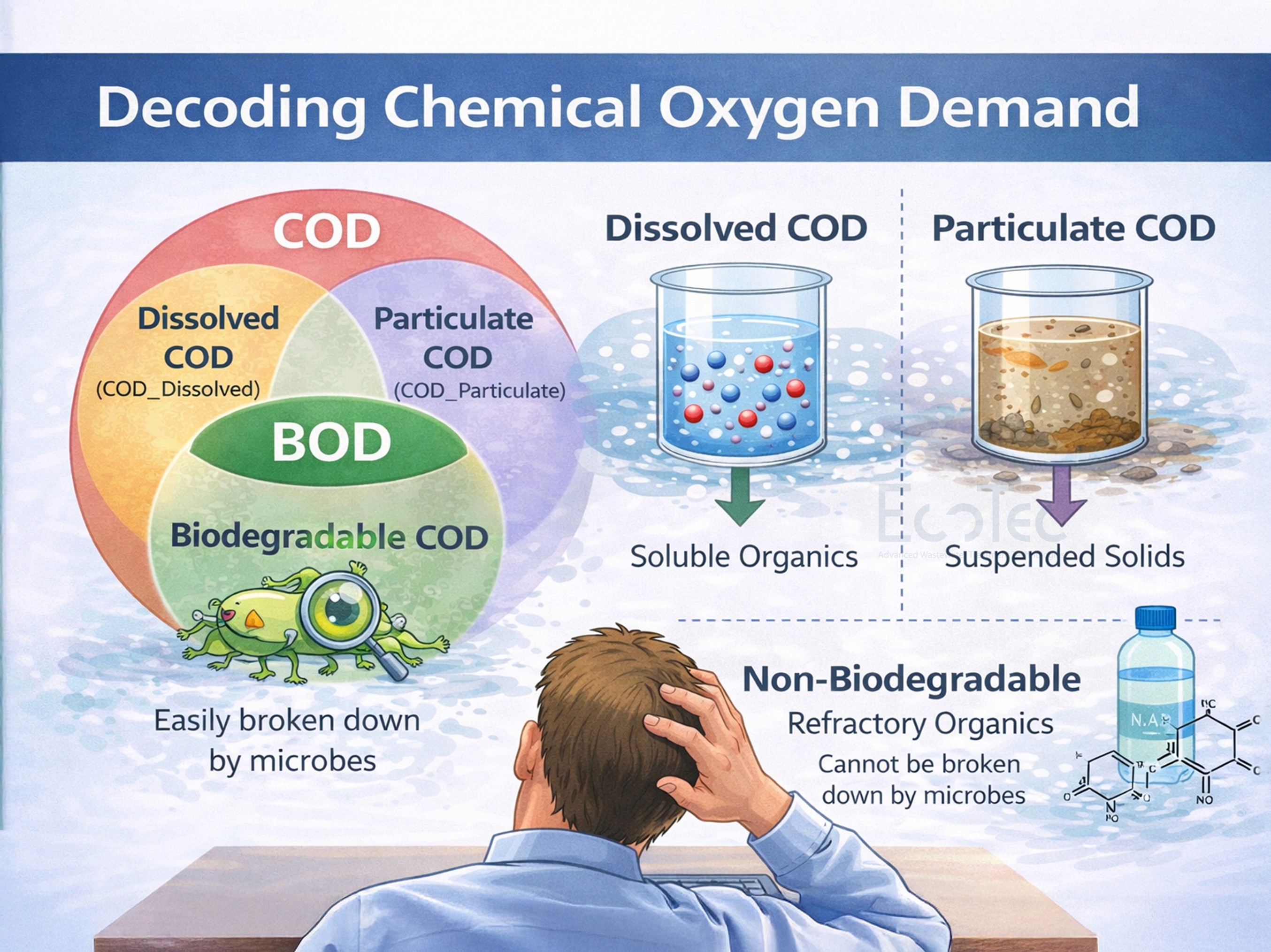 COD fractionation infographic showing rbCOD, sbCOD, particulate biodegradable COD and inert COD, explaining which organics react quickly, slowly, or do not biodegrade in sewage treatment.