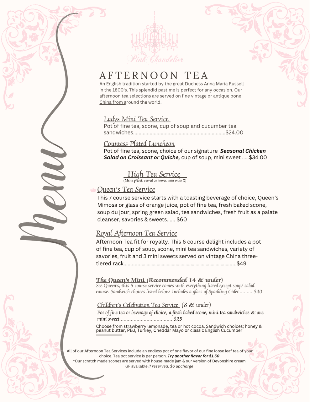 Afternoon Tea Menu at The Pink Chandelier