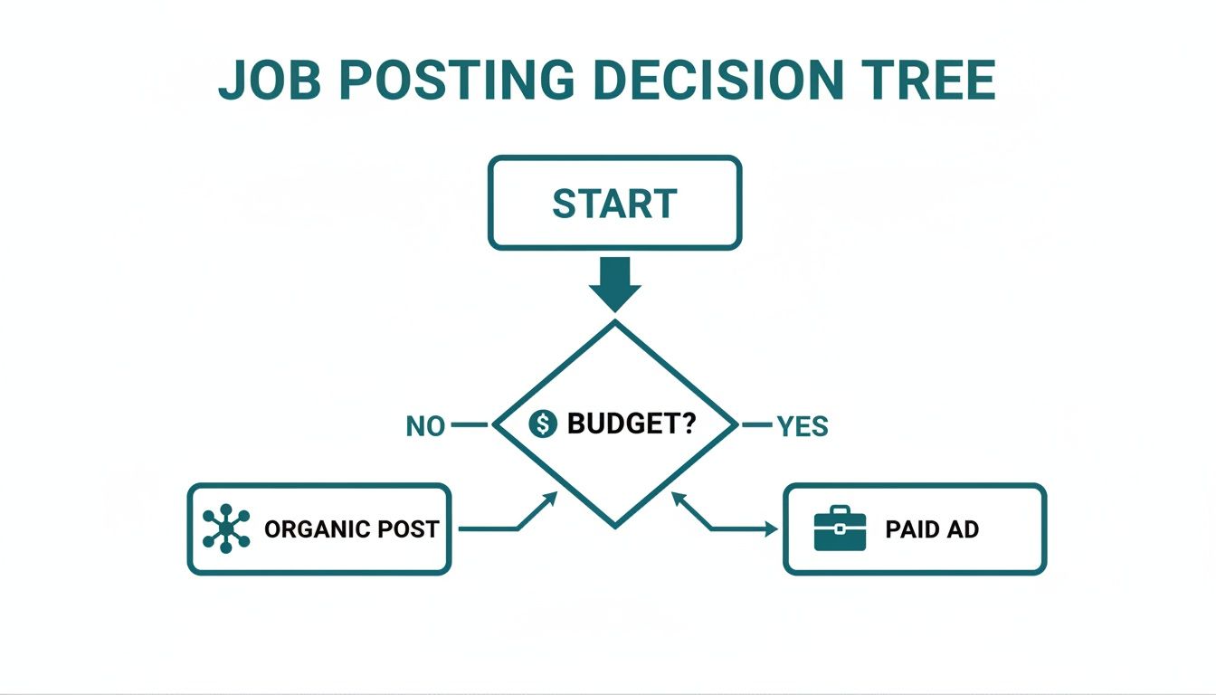 Flowchart for job posting decisions: Start, then budget check. No budget means organic post, yes budget means paid ad.