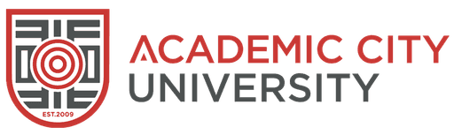 Academic City University logo with a red and gray shield and modern sans-serif text.