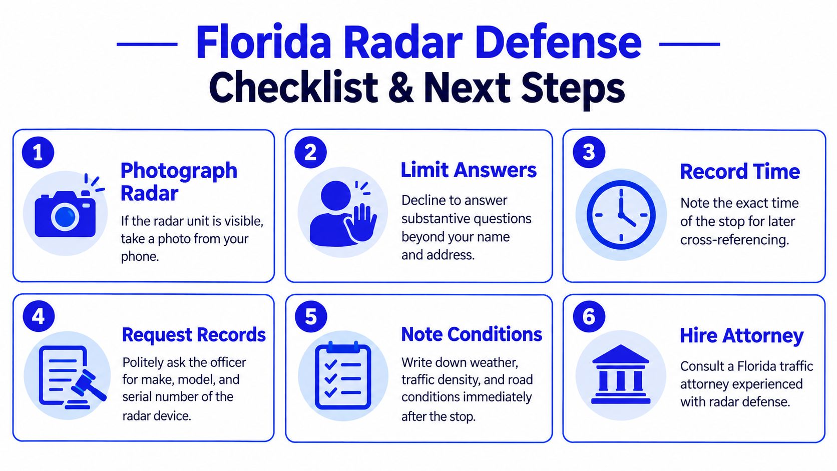 An infographic detailing six steps for Florida drivers to take when challenged by a radar speed device.