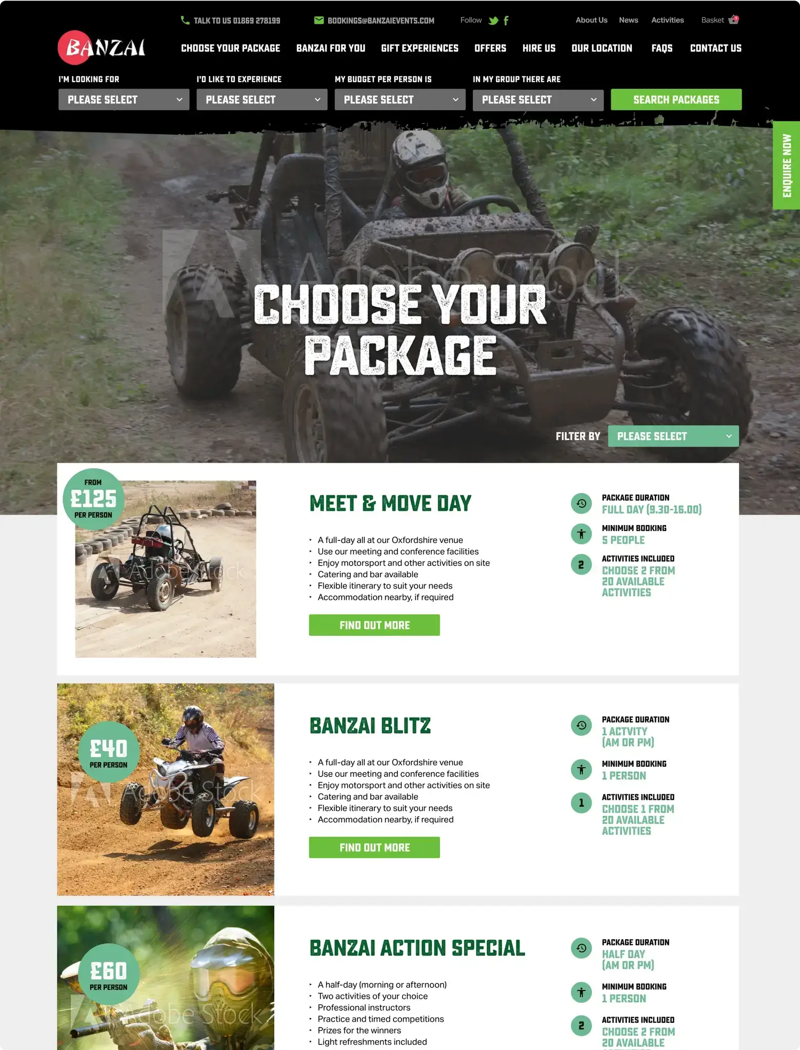 Banzai website design - choose package page