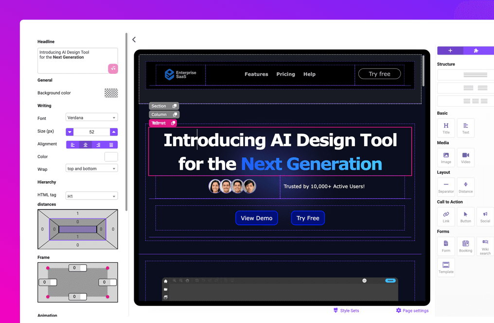 Landing Page Editor in Mister James
