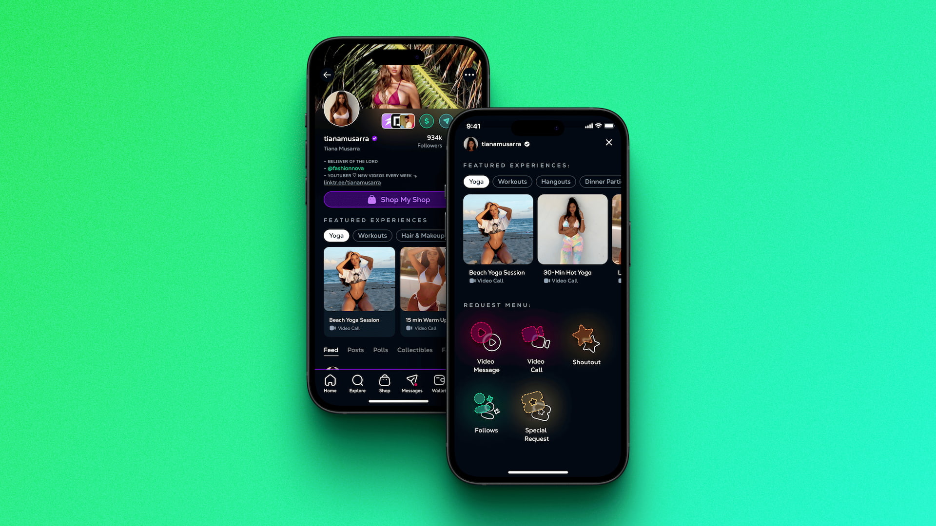 Creator storefront embedded within a social profile on a blockchain platform, displaying purchasable experiences, video calls, and fan interactions.