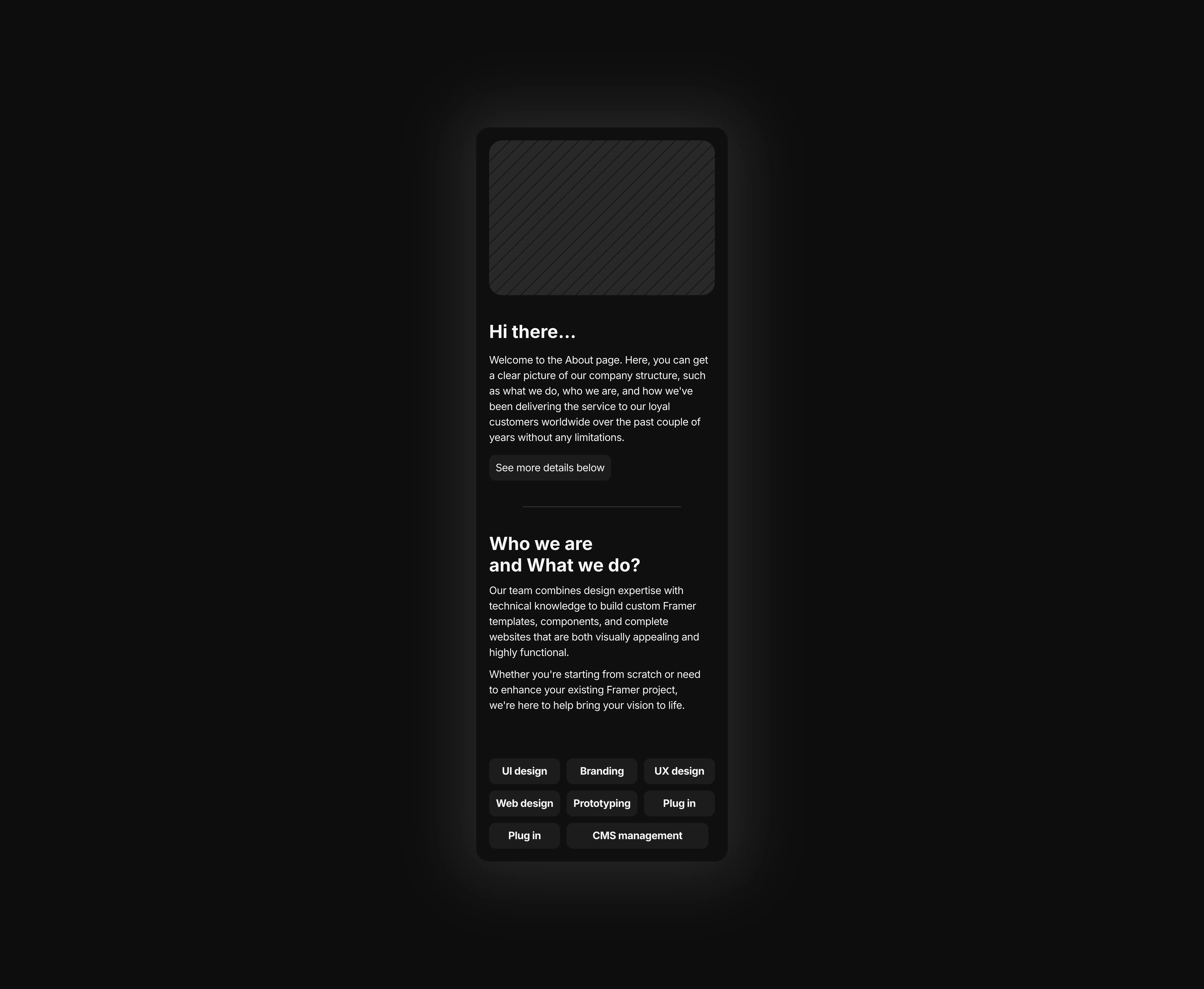 A dark themed image and texts accommodated about section for mobile devices.