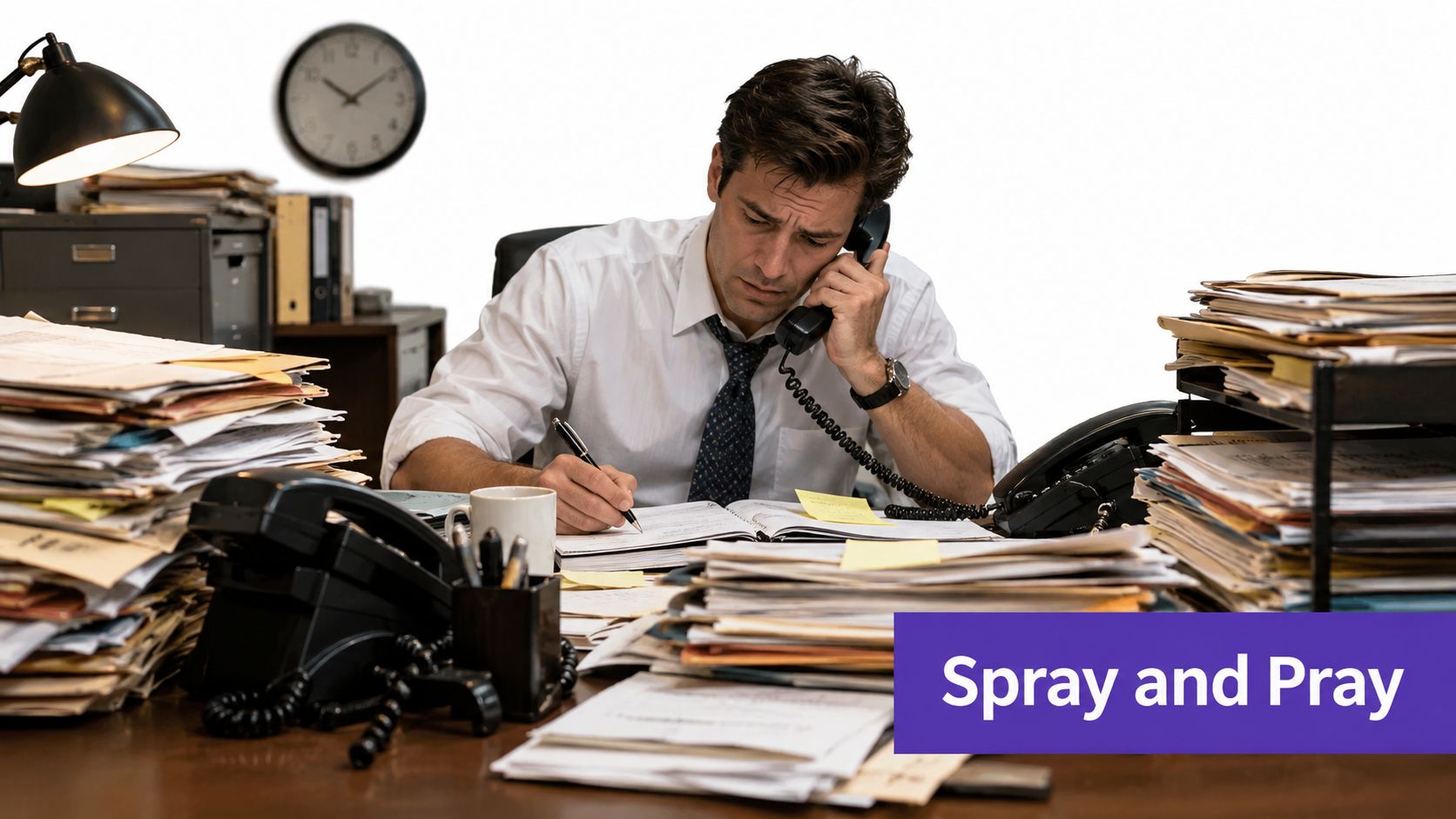 A stressed businessman sits at a cluttered desk, talking on the phone and writing in a notebook.
