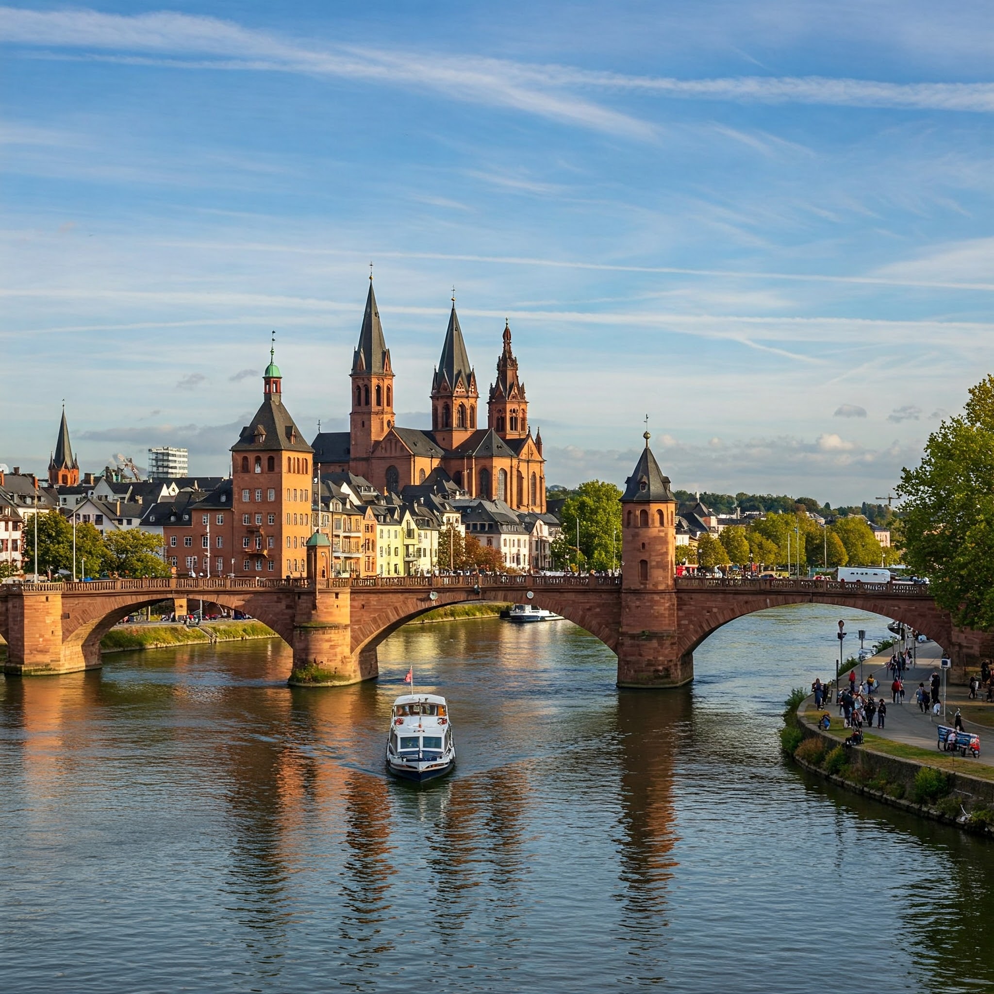 Der Mainzer Dom aus Sicht eines Bootes auf dem Rhein.