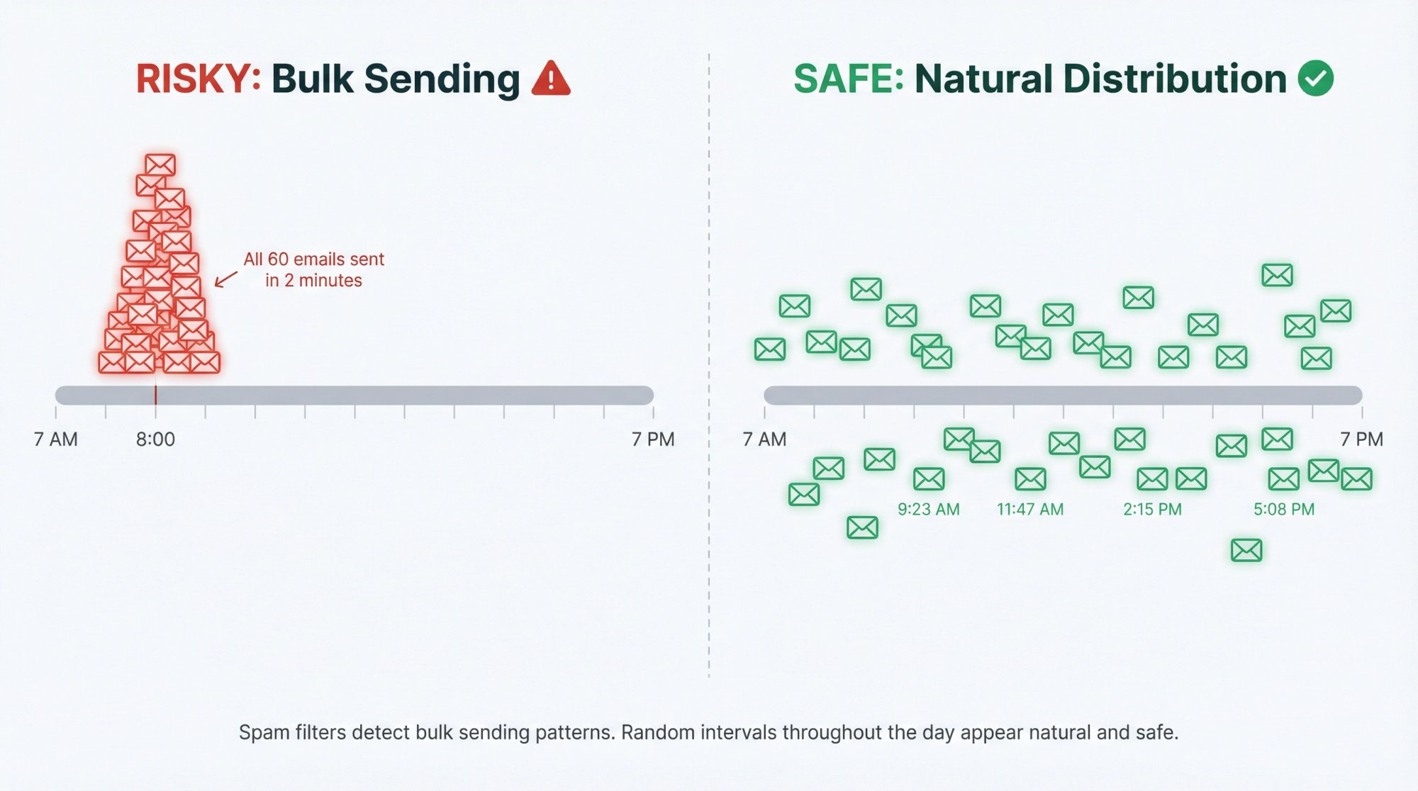 Timeline comparing risky bulk sending at 8 AM vs natural email distribution throughout the day with random intervals