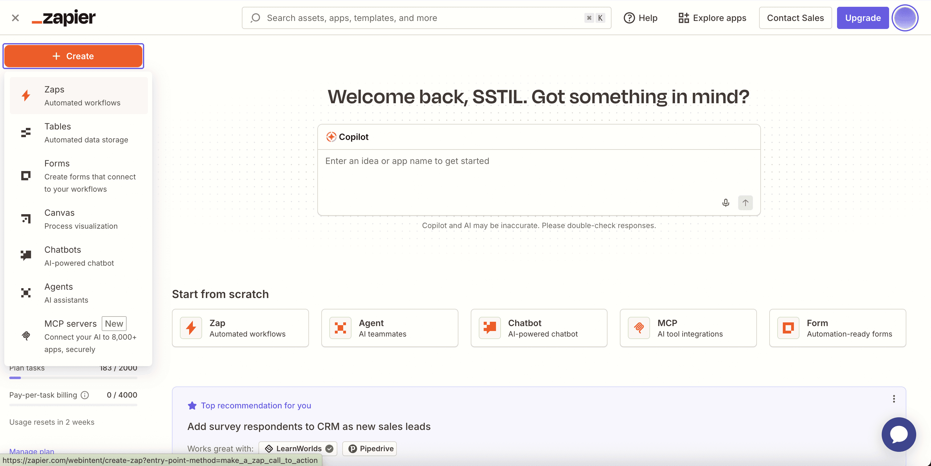 Dashboard de Zapier con el botón + Create desplegado mostrando la opción Zaps