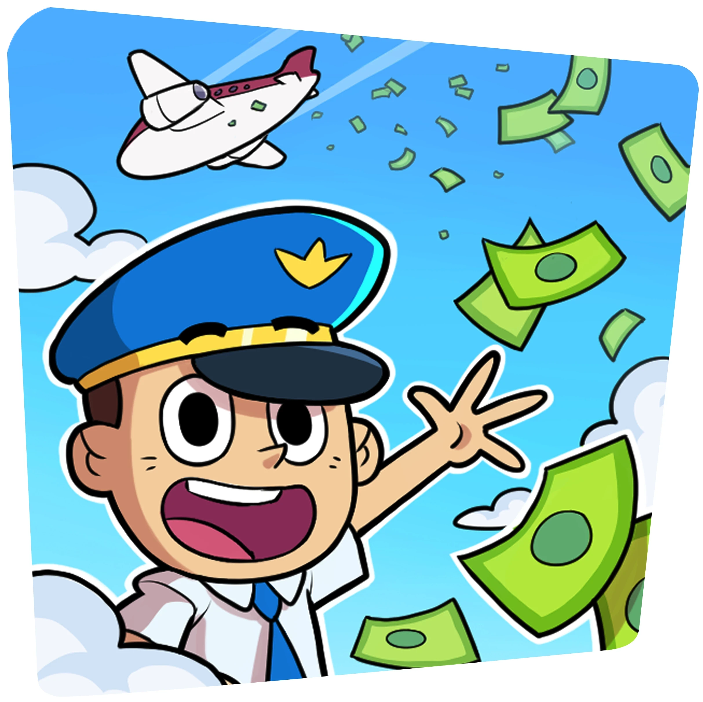 Cartoon pilot with a plane and flying cash.