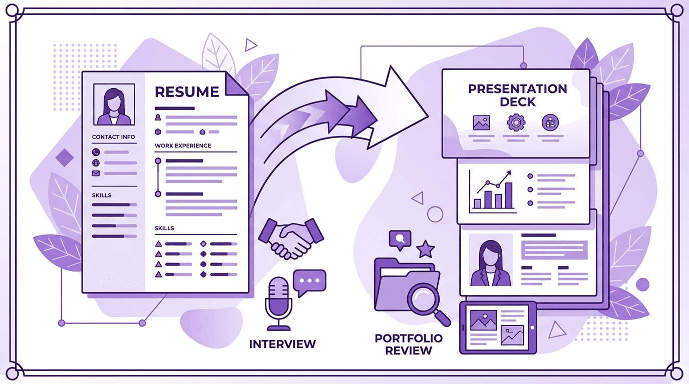 Illustration of a resume document being turned into a presentation deck
