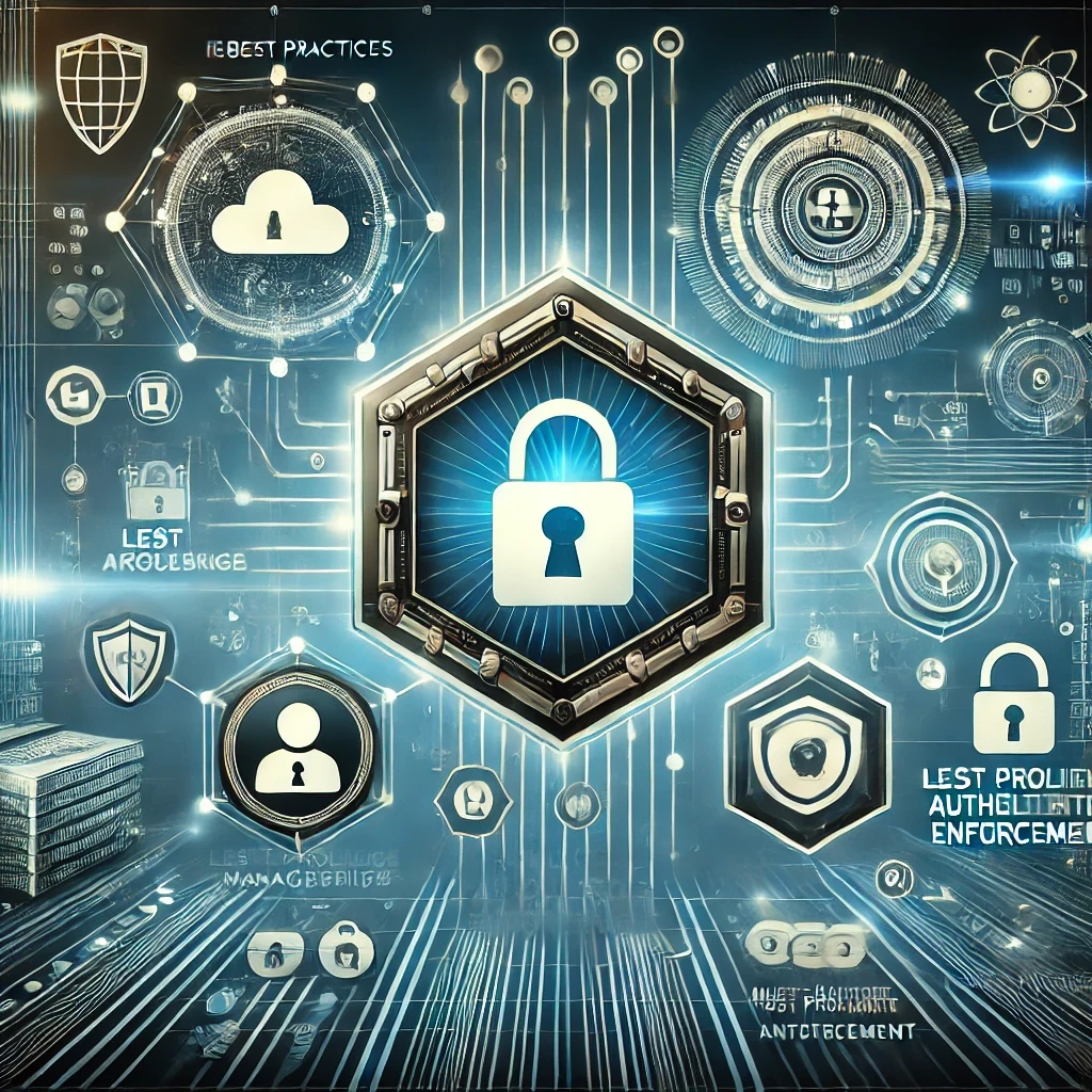 An image representing best practices for Privileged Access Management (PAM). This illustration features digital icons such as a secure vault, a shield symbolizing protection, user profiles with restricted access, and network pathways highlighting the enforcement of least privilege and authentication policies. The design underscores a comprehensive security framework, illustrating the importance of robust PAM strategies to safeguard sensitive data and systems.