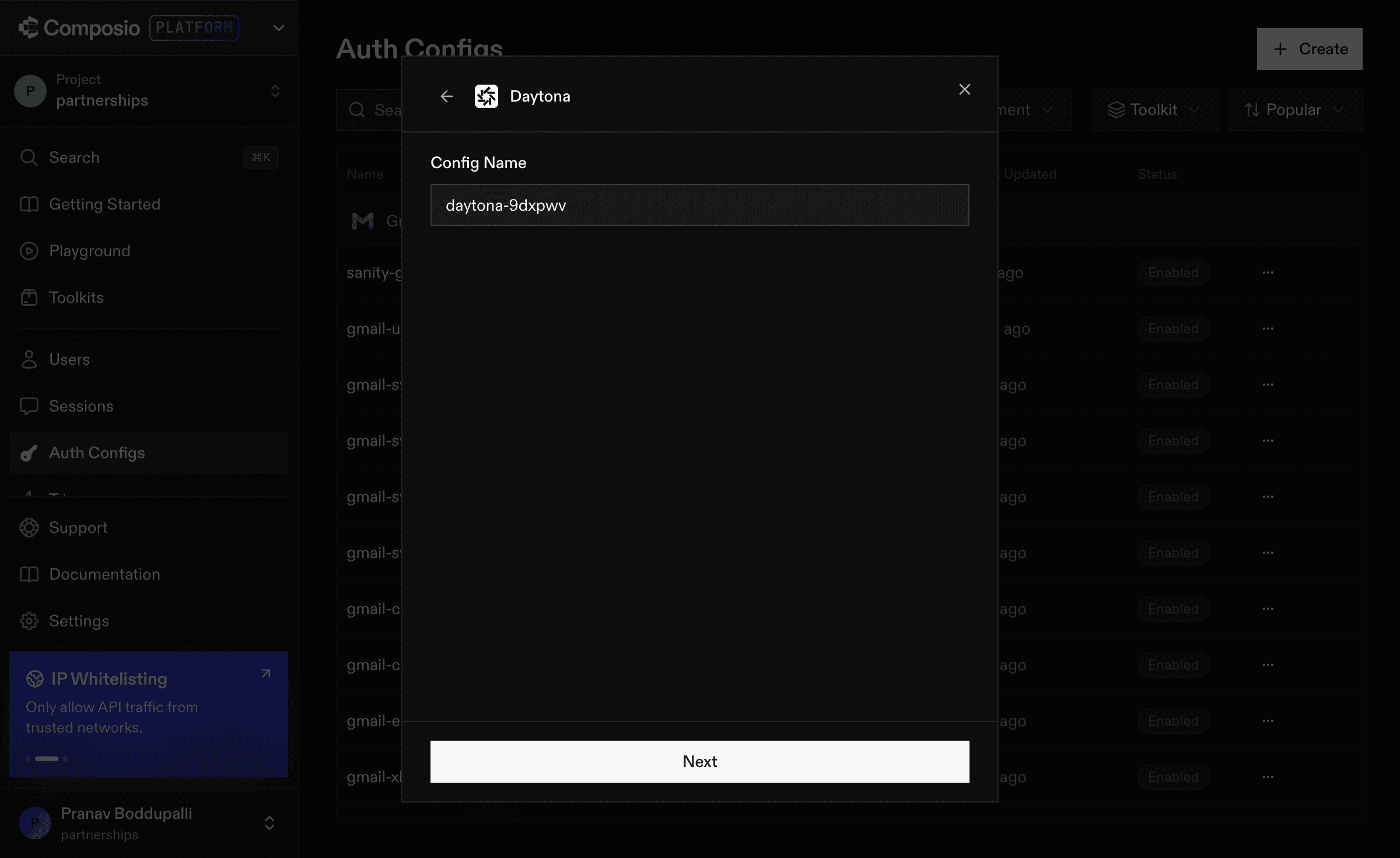 Daytona auth config form