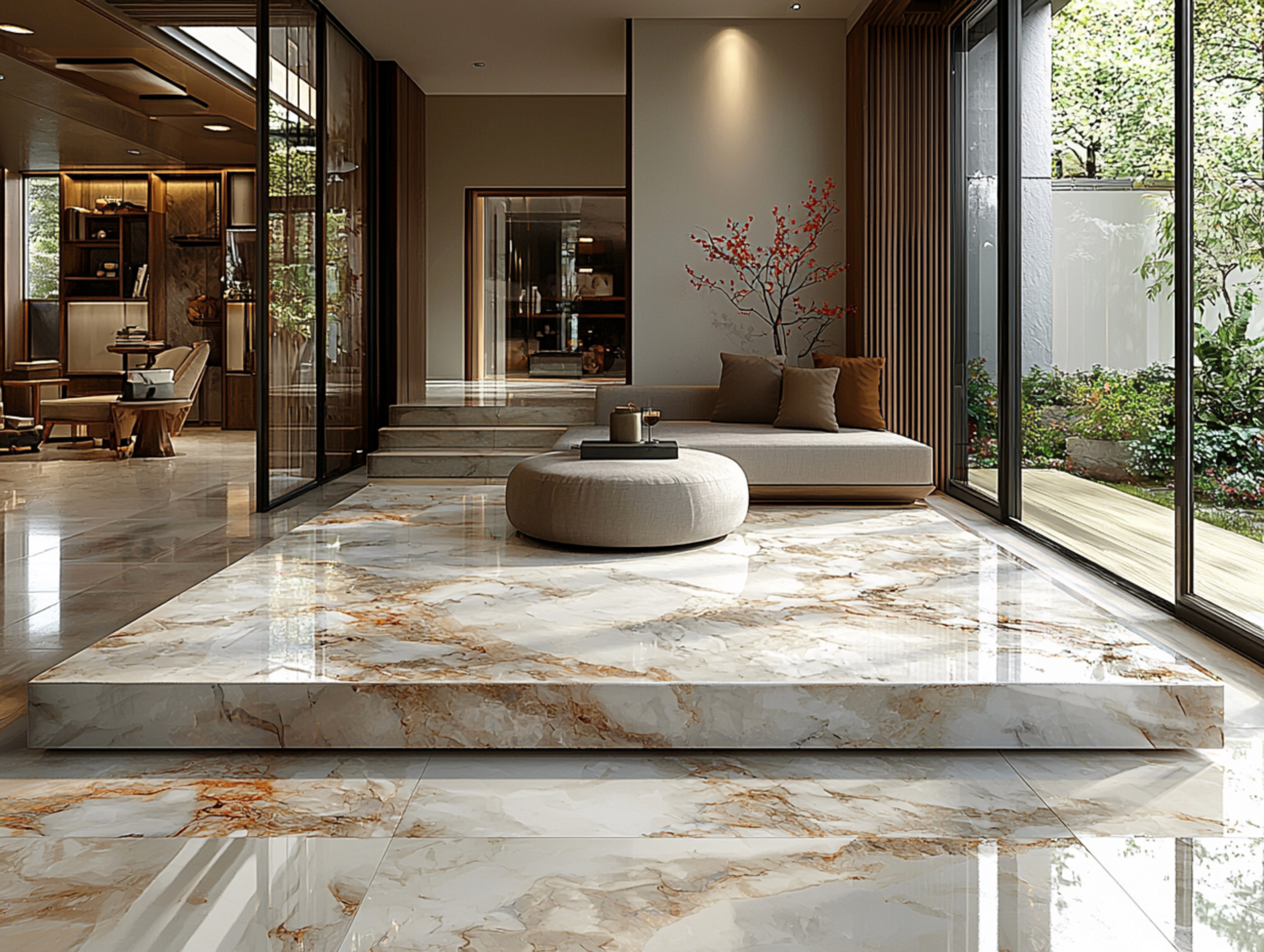 Luxurious living room with marble flooring, a raised platform with a round white table, and beige sofa. Large windows show a lush garden outside.