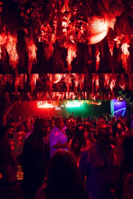 Crowd under red-lit hanging foliage and a disco ball in the club at The Penthouse Dubai