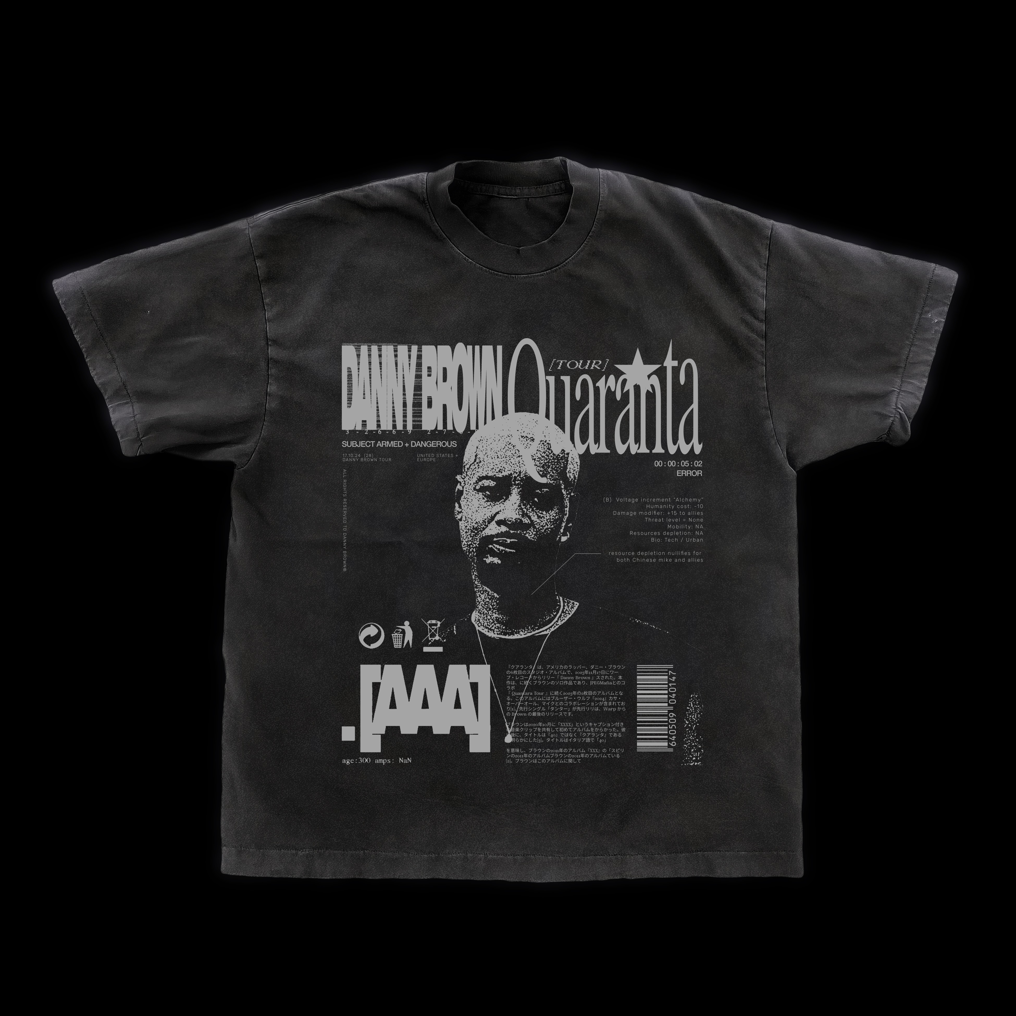 A black T shirt showing a distorted glitchy design made for danny brown's tour