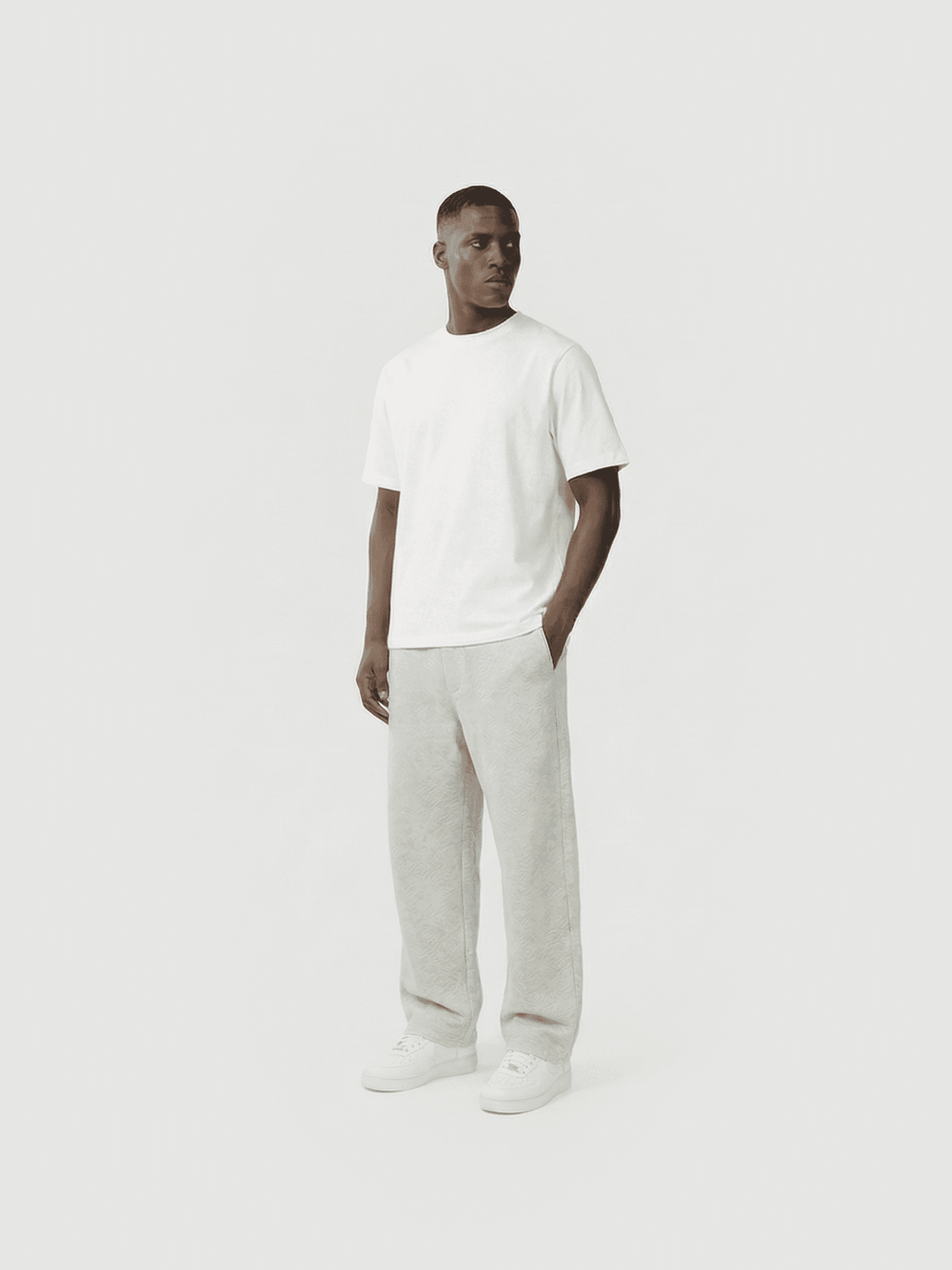 Heavyweight classic crew T-shirt in navy — front view on model.