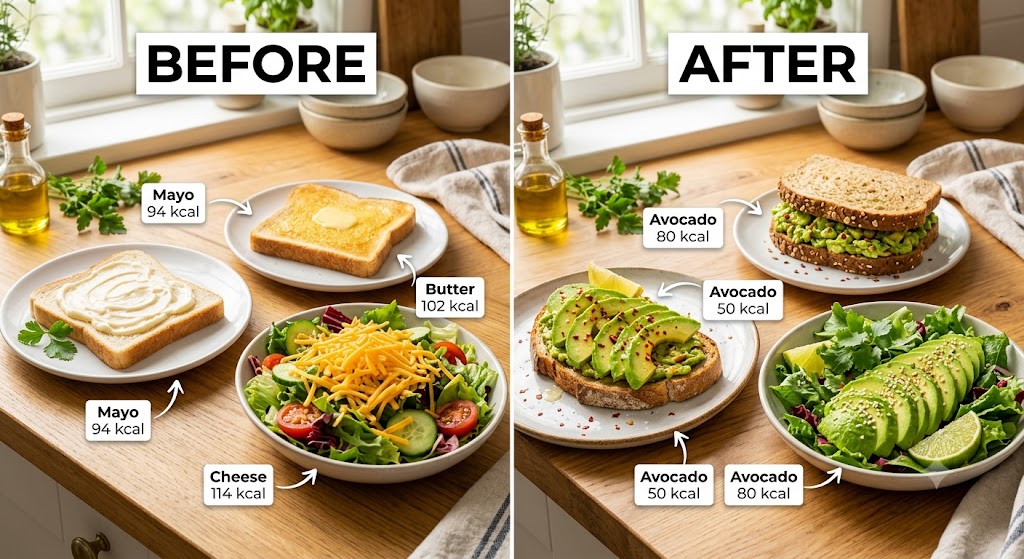 A before-and-after comparison of a white-bread sandwich with mayonnaise and a whole-grain sandwich with mashed avocado on a rustic wooden table.