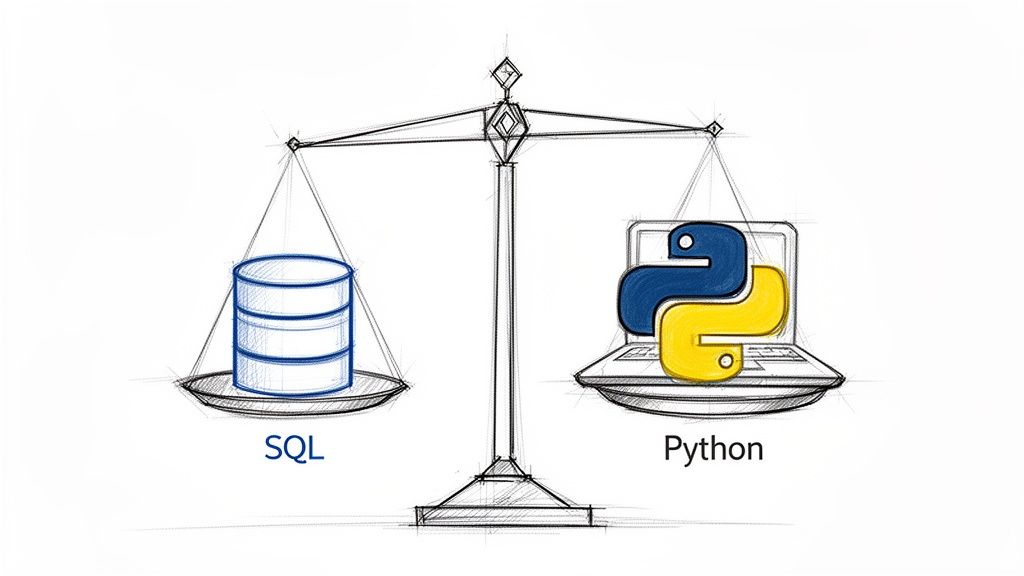A sketch of a balance scale comparing a SQL database icon and the Python programming language on a laptop, perfectly balanced.