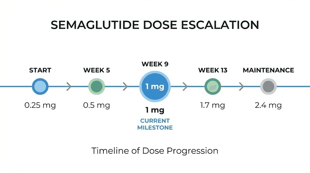 Semaglutide dose escalation schedule with 1 mg dose highlighted