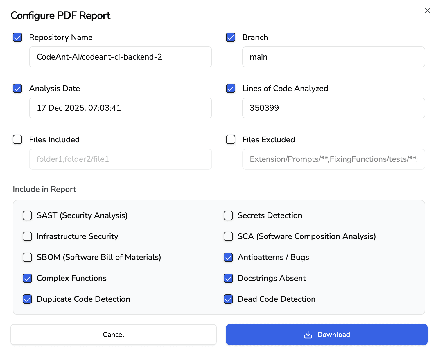 Configure PDF report screen showing repository details, analysis metadata, and selectable security and code quality checks before download.