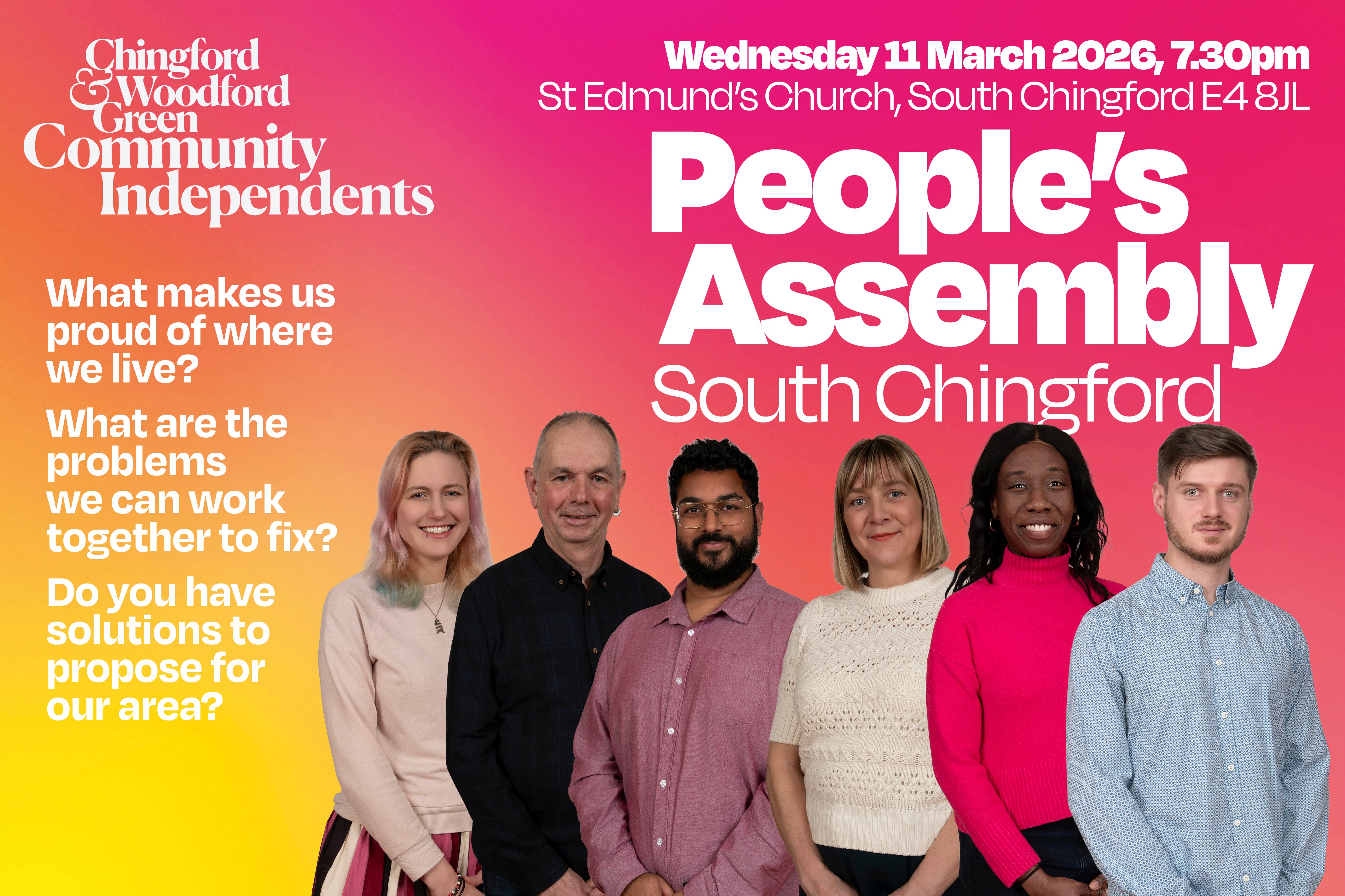 Members of Chingford & Woodford Green Community Independents invite South Chingford residents to their upcoming People's Assembly on Wednesday 11 March 2026.