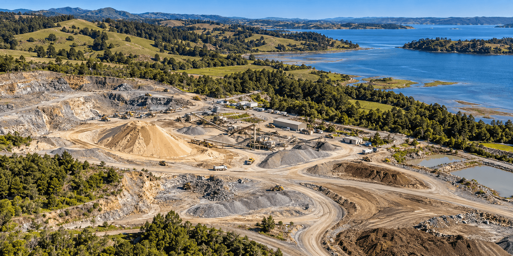 Wide realistic aerial illustration of a coastal aggregate site with stockpiles, terraced earthwork, wooded hills, and an estuary