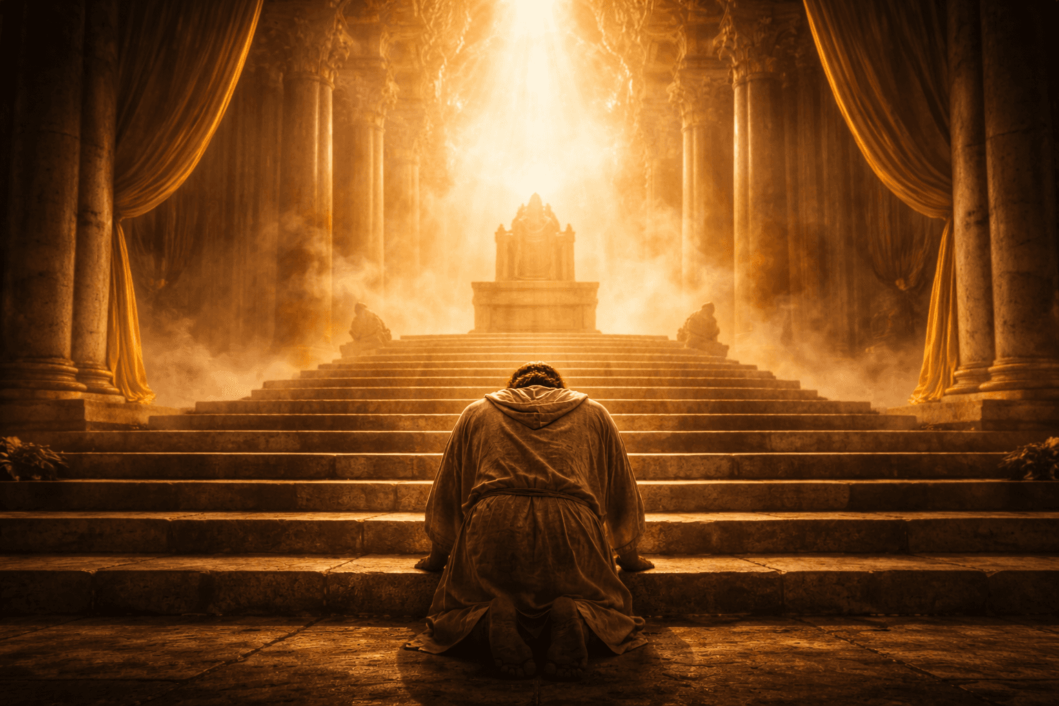Biblical figure kneeling before a radiant throne in divine light symbolising Adonai as Lord and sovereign authority