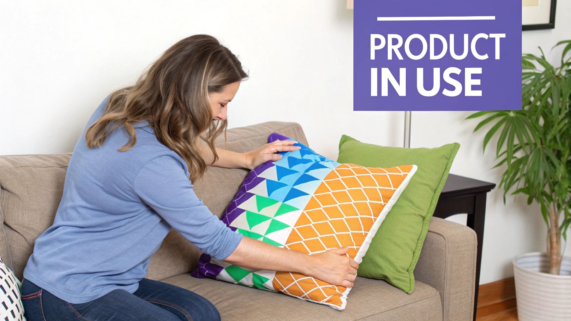 A smiling woman in a blue shirt adjusts a colorful geometric pillow on a beige couch, showcasing a product.