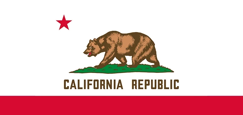 Flag of California featuring a brown grizzly bear walking on green grass, a red star above, and the text "California Republic" with a red stripe below.