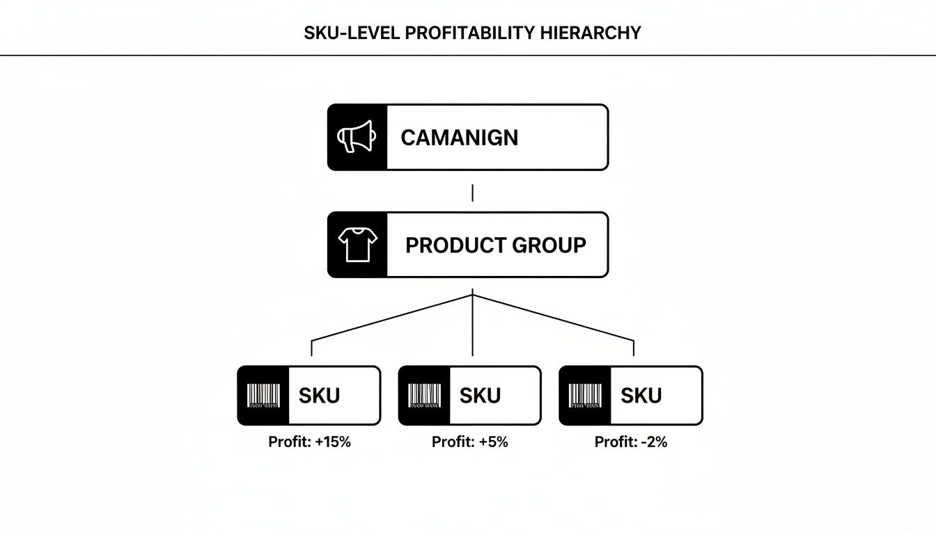 A hierarchy diagram illustrating SKU-level profitability, from campaign to product group to individual SKUs with varying profit percentages.