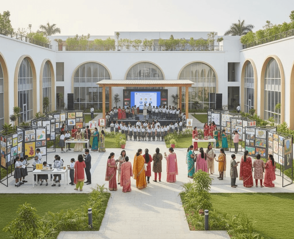 A school building stands against the backdrop of a clear sky