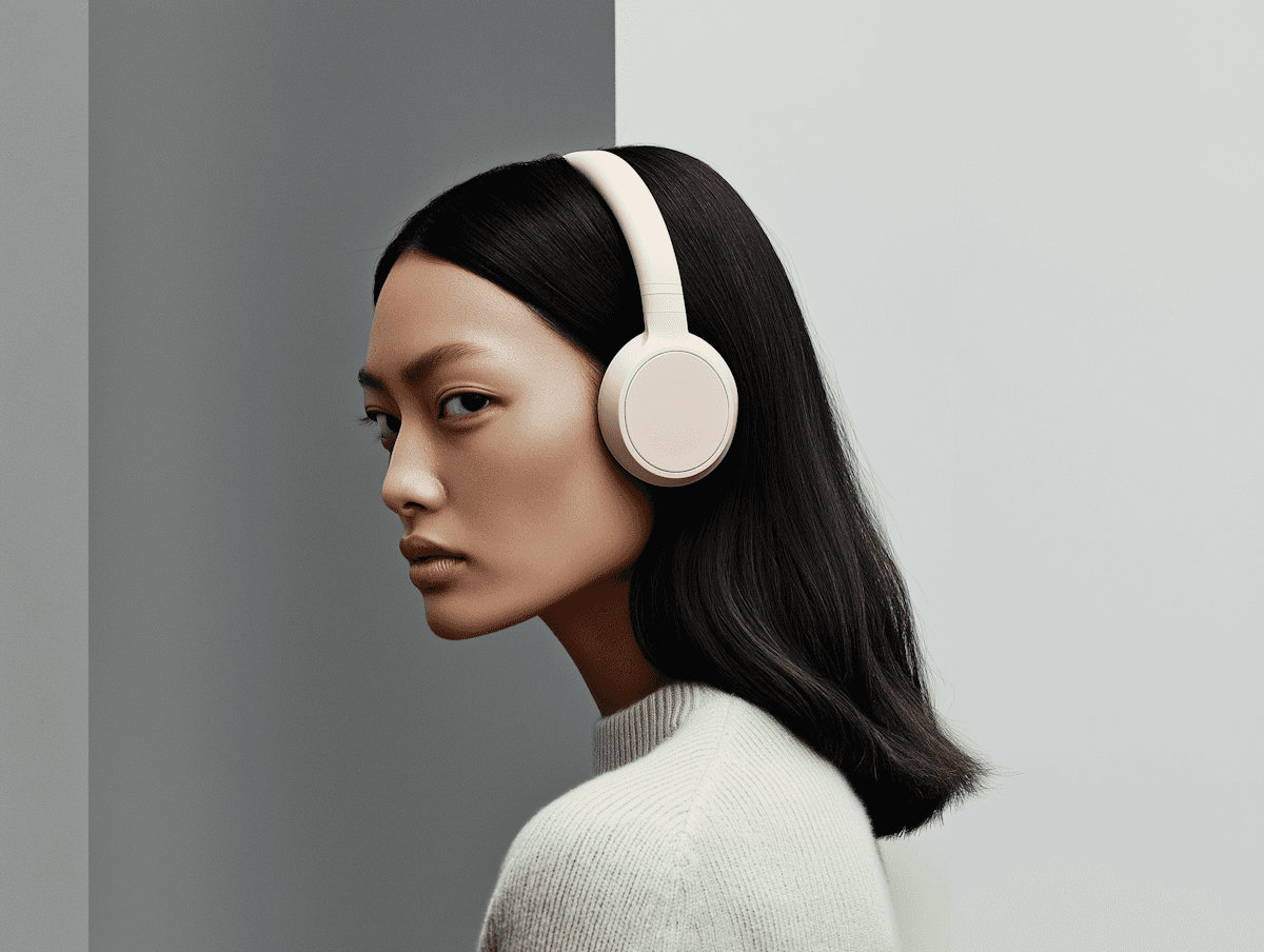 Side profile of a woman wearing over-ear headphones against a neutral background