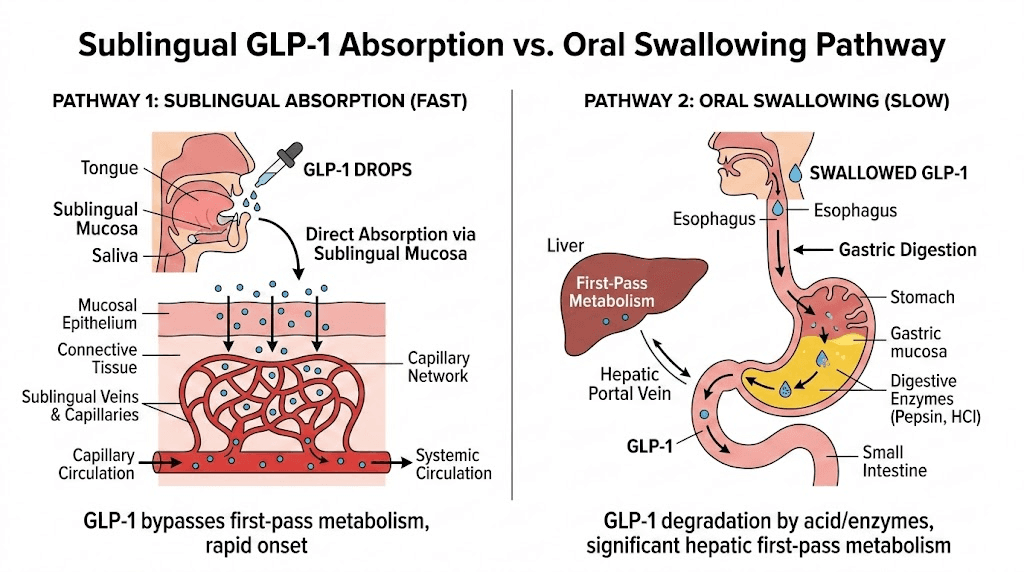 How GLP-1 drops absorb through sublingual membrane versus oral swallowing
